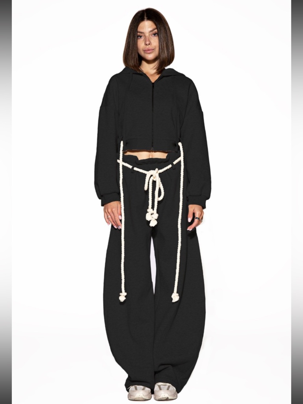 Chic Black Cropped Hoodie & Wide-Leg Lounge Set | Cozy Luxe Matching Set